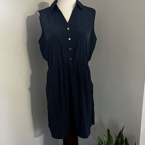 Alfani navy blue polyester dress with button front, gold details and pockets s14